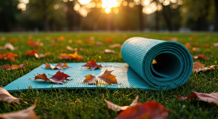 A yoga mat lies on the ground surrounded by fallen autumn leaves as the sun sets, creating a peaceful atmosphere perfect for meditation or exercise