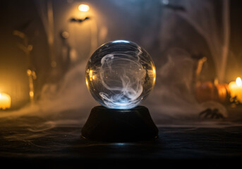A mystical crystal ball sits on a pedestal, with swirling mist and eerie candlelight creating a haunting atmosphere, perfect for a Halloween theme or fortune-telling scene