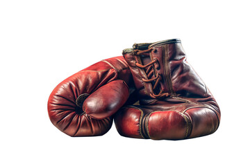 Pair of vintage red leather boxing gloves lying on a transparent background, ideal for sports equipment, training, and martial arts isolated on transparent background