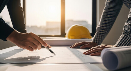 Architects reviewing blueprints with a hard hat on the table near a window in a bright office space