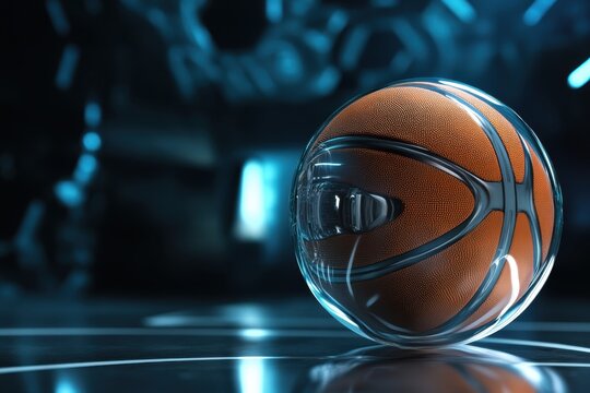 Innovative design of a basketball inside a transparent sphere on a futuristic court - Powered by Adobe