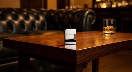 A lighter left on a bar sofa table