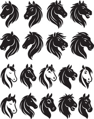 Obraz premium Collection of sixteen stylized horse head silhouettes: black and white vector illustrations, strong, elegant equine designs for branding.