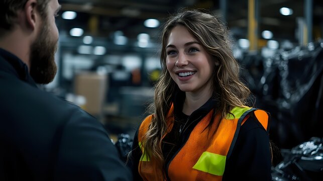 Young Caucasian female warehouse worker in orange safety vest smiling during conversation with coworker in industrial storage facility with blurred background.
