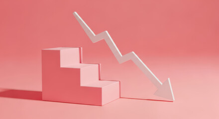 Downward Arrow on Pink Steps Symbolizing Decline and Loss Representing Business Downturn, Economic Recession, and Market Crash on a Pink Background