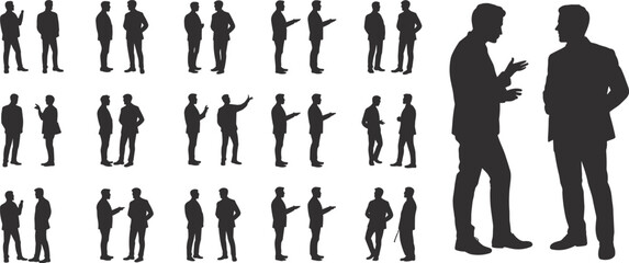 Businessmen silhouette vector set, multiple standing and talking poses, professional male figures in formal attire, corporate communication illustrations