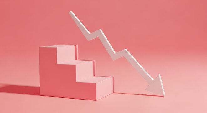 Downward Arrow on Pink Steps Symbolizing Decline and Loss Representing Business Downturn, Economic Recession, and Market Crash on a Pink Background