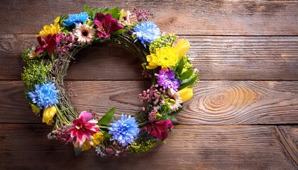 Fototapeta premium colorful flower wreath on rustic wooden table