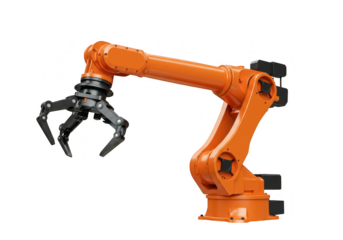 Orange robotic arm with a gripper, isolated on transparent background, representing industrial automation and advanced manufacturing technology