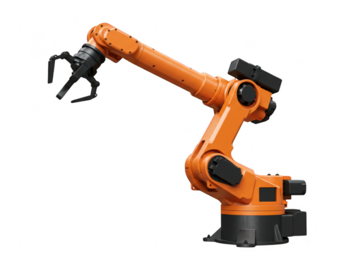 Orange industrial robotic arm isolated on transparent background, representing automation and advanced manufacturing technology - Powered by Adobe