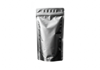 A silver standup zipper pouch bag, commonly used for food packaging like coffee or tea, isolated on transparent background
