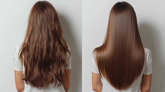 Before and after comparison of frizzy hair transformed into smooth straight hair
