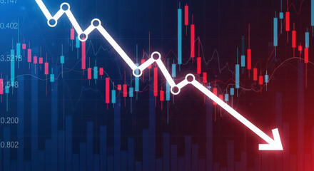 Market Downturn Visual Representation of a Declining Stock Market with a Downward Arrow and Candlestick Charts Indicating Economic Recession and Financial Loss