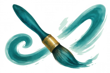 Green artistic paintbrush painting light blue watercolor strokes on transparent background, ideal for creative projects