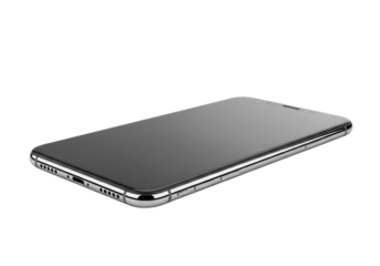 A sleek, modern smartphone with ultra-thin bezels and a minimalist design, crafted from reflective glass and polished metal, featuring a dark, blank screen, positioned centrally on a transparent