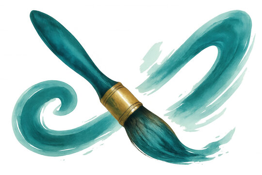 Green artistic paintbrush painting light blue watercolor strokes on transparent background, ideal for creative projects - Powered by Adobe