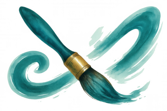 Green artistic paintbrush painting light blue watercolor strokes on transparent background, ideal for creative projects