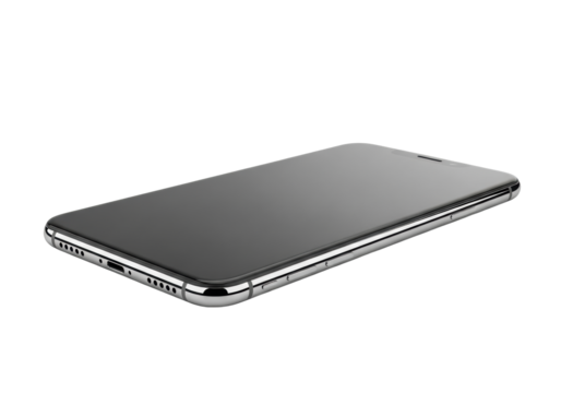 A sleek, modern smartphone with ultra-thin bezels and a minimalist design, crafted from reflective glass and polished metal, featuring a dark, blank screen, positioned centrally on a transparent - Powered by Adobe