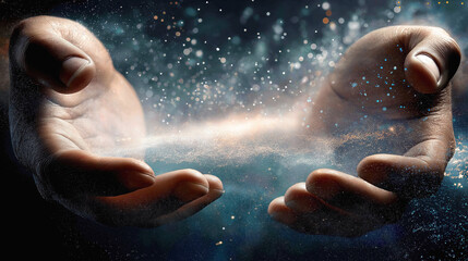 Fototapeta premium big human hands in space with stars and galaxies in the universe. Hands of God creating world. Energy of space