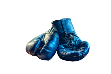A pair of vintage blue leather boxing gloves isolated on transparent background, representing the strength, skill, and determination of a boxer
