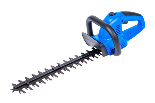 Blue electric hedge trimmer sharp blades isolated on a transparent background image