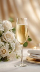 Elegant champagne flute filled with sparkling wine alongside cream roses and table settings, creating romantic wedding celebration atmosphere on soft beige background.