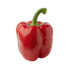 A vibrant red bell pepper with a glossy sheen and green stem isolated on transparent background