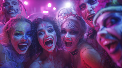 Obraz premium A vibrant group of people with painted faces at a festival. The close-up shot captures their energy, expressions, and festive decorations