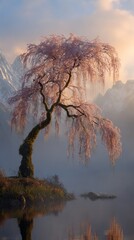 Naklejka premium Pixel Art Pink Blossoms Willow Tree Sunrise Mountain