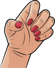 Close-up illustration of a woman's hand with red painted nails, showing a slightly clenched fist, detailed skin and nail art in vibrant colors