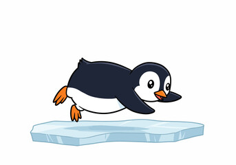 Cartoon Penguin Sliding on Iceberg Illustration