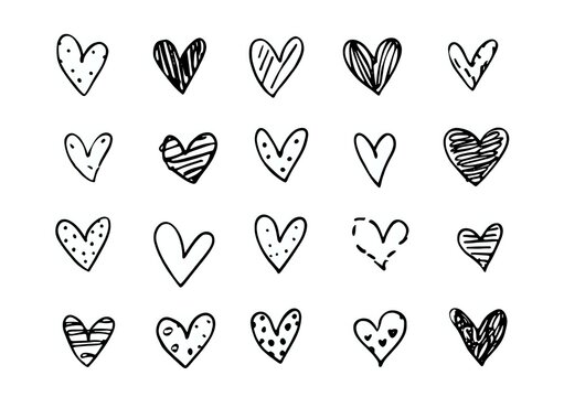 Hand drawn doodle hearts collection with different patterns and textures on white isolated background, romantic design elements for valentines cards and love notes.