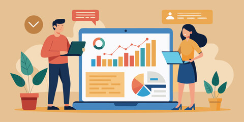 Man and woman reviewing laptop screen with charts, flat vector corporate teamwork and planning concept illustration