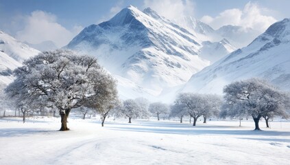 Snowy mountain valley with frosted trees