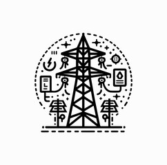 Smart Grid Icon – Electricity Tower with Digital Network Outline Vector