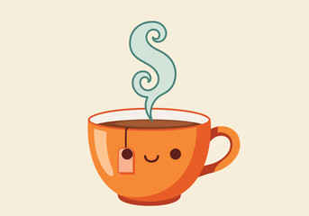 Cute Orange Tea Cup with Steam and Smiling Face Illustration