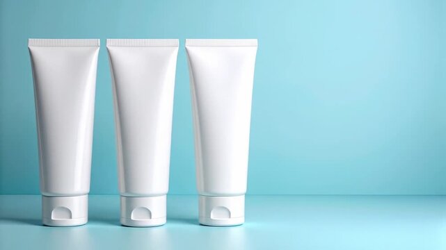 Three White Cosmetic Tubes on Light Blue Background Beauty and Hygiene Products Packaging Mockup Healthcare and Medical Resources