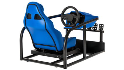 Blue racing simulator rig with steering wheel and pedals isolated on a transparent background