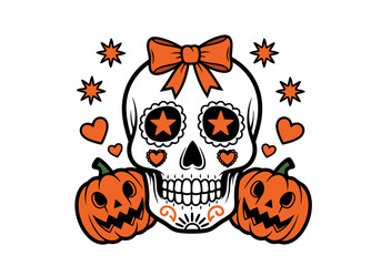 Festive Halloween sugar skull illustration with a cute orange bow and jack-o-lanterns. Vector graphic design element for holiday projects.