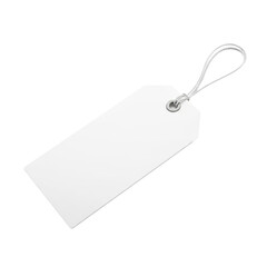 A single, transparent rectangular paper price tag with a delicate string loop, a blank smooth surface for customization, isolated on a seamless plain white background with bright studio lighting