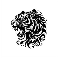 Obraz premium Fierce tiger head with tribal ornaments black and white