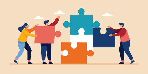 Three people connecting giant puzzle pieces, flat vector corporate teamwork and problem-solving concept illustration