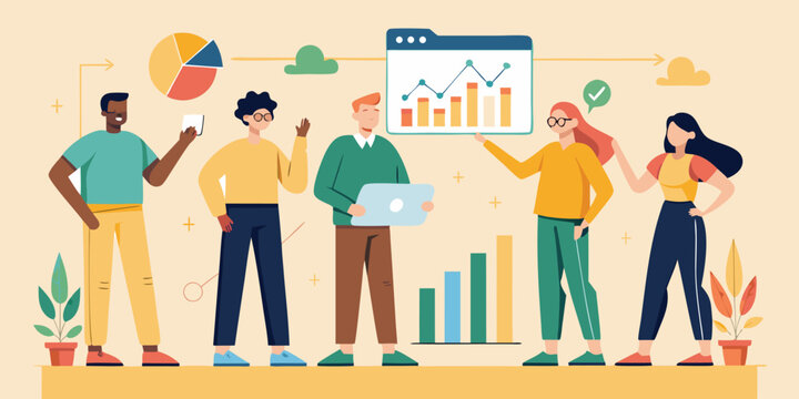  Colleagues gathered around chart pointing at progress bars, flat vector corporate teamwork and strategy concept illustration