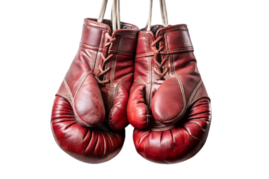 Pair of vintage red leather boxing gloves hanging isolated on transparent background, a symbol of strength, competition, and the spirit of the fight