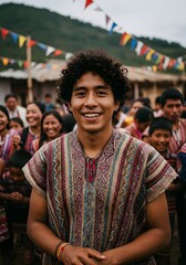 Fototapeta premium Portrait of a joyful young man in traditional ethnic attire, celebrating cultural heritage with his community at a vibrant festival in a mountain village.