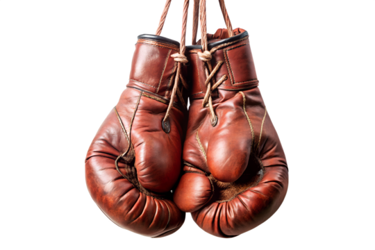 Vintage red leather boxing gloves hanging isolated on transparent background, a symbol of the sports rich history and the enduring spirit of competition