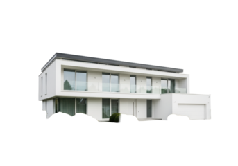 A modern minimalist house with a transparent facade, flat dark gray roof, large windows, and a glass balcony, against a plain white background with green bushes and a paved driveway, architectural