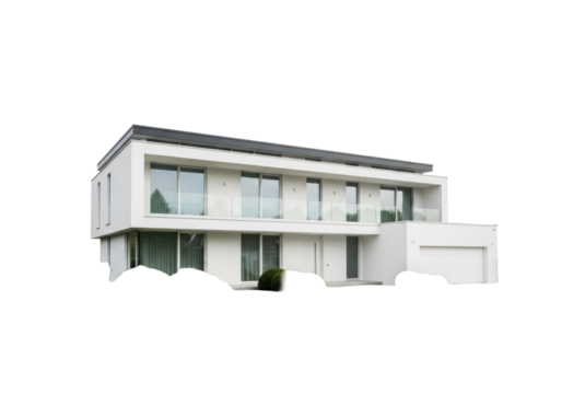 A modern minimalist house with a transparent facade, flat dark gray roof, large windows, and a glass balcony, against a plain white background with green bushes and a paved driveway, architectural