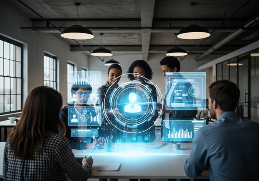 Teamwork collaboration data analysis technology innovation business meeting office future digital transformation - Powered by Adobe