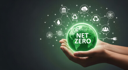 Global Sustainability Initiative Hands Cradle a Green Earth with Net Zero Text Surrounded by Icons Representing Renewable Energy and Environmental Conservation
